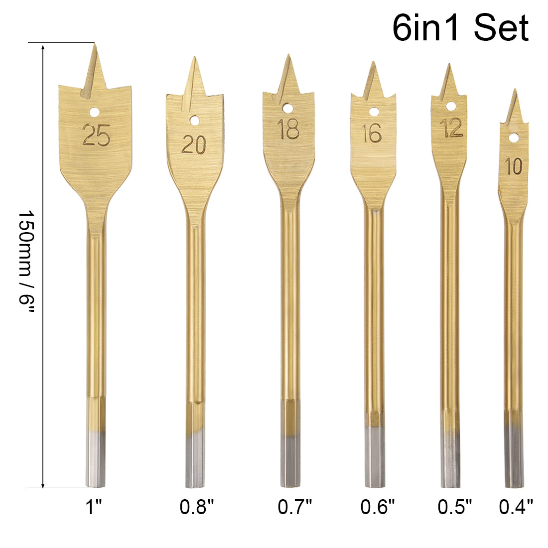 uxcell Uxcell Spade Drill Bits for Wood Paddle Flat Bit 10 12 16 18 20 25 mm Hex Shank for Woodworking DIY Cutter Tool, High Speed Steel 6in1 Set