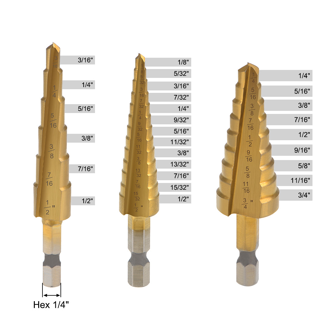 uxcell Uxcell Titanium Step Drill Bit Set 1/4"-3/4" 1/8"-1/2" 3/16"-1/2" Straight Flutes Hex Shank for Metal Wood Plastic