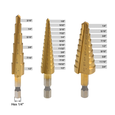 Harfington Uxcell Titanium Step Drill Bit Set 1/4"-3/4" 1/8"-1/2" 3/16"-1/2" Straight Flutes Hex Shank for Metal Wood Plastic