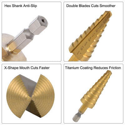 Harfington Uxcell Titanium Step Drill Bit Set 1/4"-3/4" 1/8"-1/2" 3/16"-1/2" Straight Flutes Hex Shank for Metal Wood Plastic