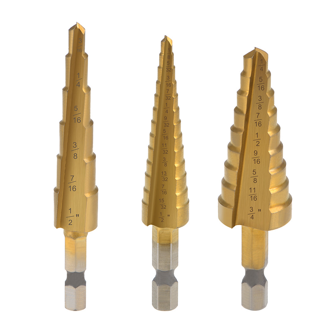 uxcell Uxcell Titanium Step Drill Bit Set 1/4"-3/4" 1/8"-1/2" 3/16"-1/2" Straight Flutes Hex Shank for Metal Wood Plastic