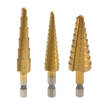 Harfington Uxcell Titanium Step Drill Bit Set 1/4"-3/4" 1/8"-1/2" 3/16"-1/2" Straight Flutes Hex Shank for Metal Wood Plastic