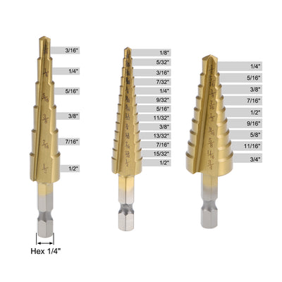 Harfington Uxcell Step Drill Bit Set Set 1/4"-3/4" 1/8"-1/2" 3/16"-1/2" HSS 4241 Titanium Coated Straight Flutes Hex Shank for Metal Wood Plastic