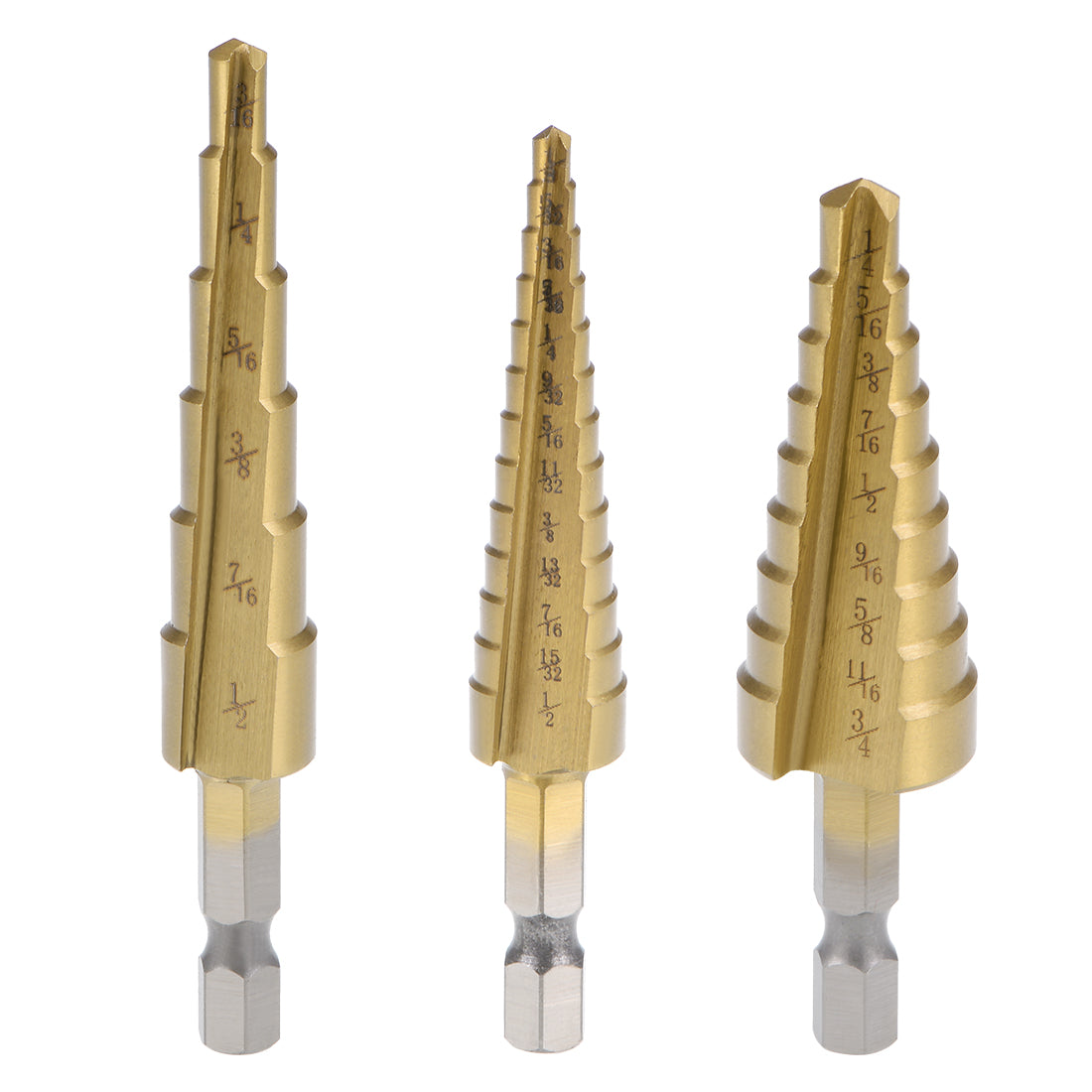 uxcell Uxcell Step Drill Bit Set Set 1/4"-3/4" 1/8"-1/2" 3/16"-1/2" HSS 4241 Titanium Coated Straight Flutes Hex Shank for Metal Wood Plastic