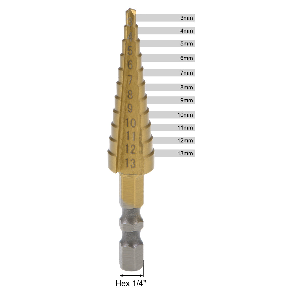 uxcell Uxcell Step Drill Bit HSS 3mm to 13mm 11 Sizes Titanium Coated Straight Flutes Hex Shank for Metal Wood Plastic