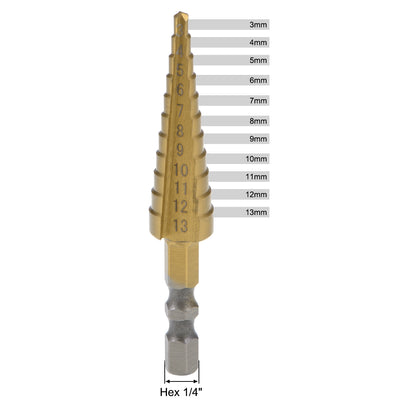 Harfington Uxcell Step Drill Bit HSS 3mm to 13mm 11 Sizes Titanium Coated Straight Flutes Hex Shank for Metal Wood Plastic