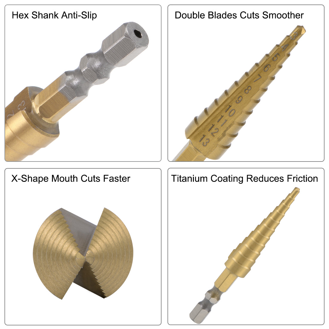 uxcell Uxcell Step Drill Bit HSS 3mm to 13mm 11 Sizes Titanium Coated Straight Flutes Hex Shank for Metal Wood Plastic