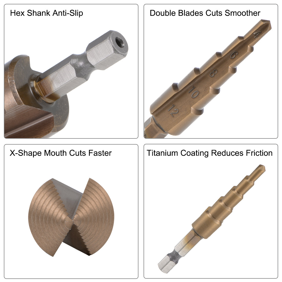 uxcell Uxcell Step Drill Bit 4mm to 12mm 5 Sizes HSS M35 Cobalt Straight Flutes Hex Shank for Metal Wood Plastic