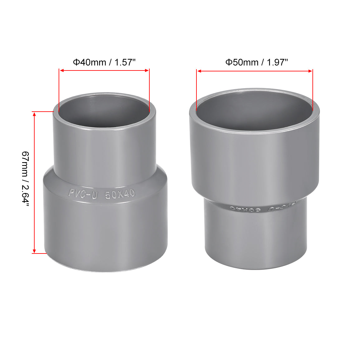 uxcell Uxcell 50mm x 40mm PVC Reducing Coupling Hub by Hub, DWV Pipe Fitting, Gray 2Pcs