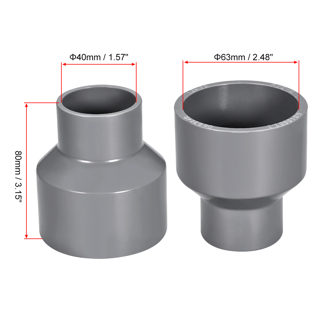 uxcell Uxcell 63mm x 40mm PVC Reducing Coupling Hub by Hub, DWV Pipe Fitting, Gray 5Pcs