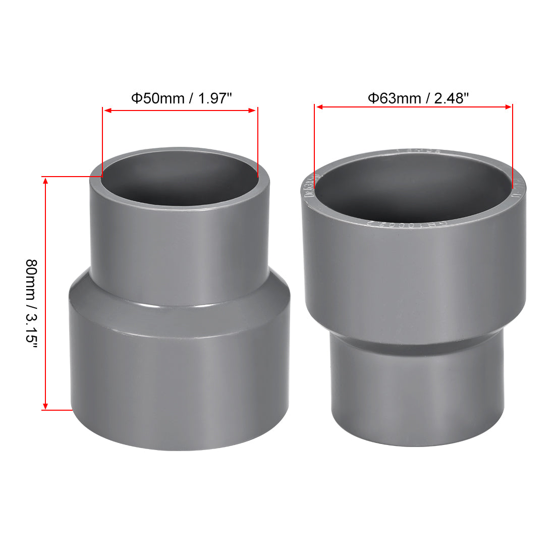 uxcell Uxcell 63mm x 50mm PVC Reducing Coupling Hub by Hub, DWV Pipe Fittings Gray