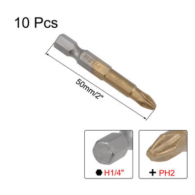 Harfington Uxcell Phillips Bits 10pcs 1/4-Inch Hex Shank Magnetic Cross PH2 Screwdriver Bit 50mm Length Titanium Plating S2 Non-Slip Screw Driver Set Brass Tone