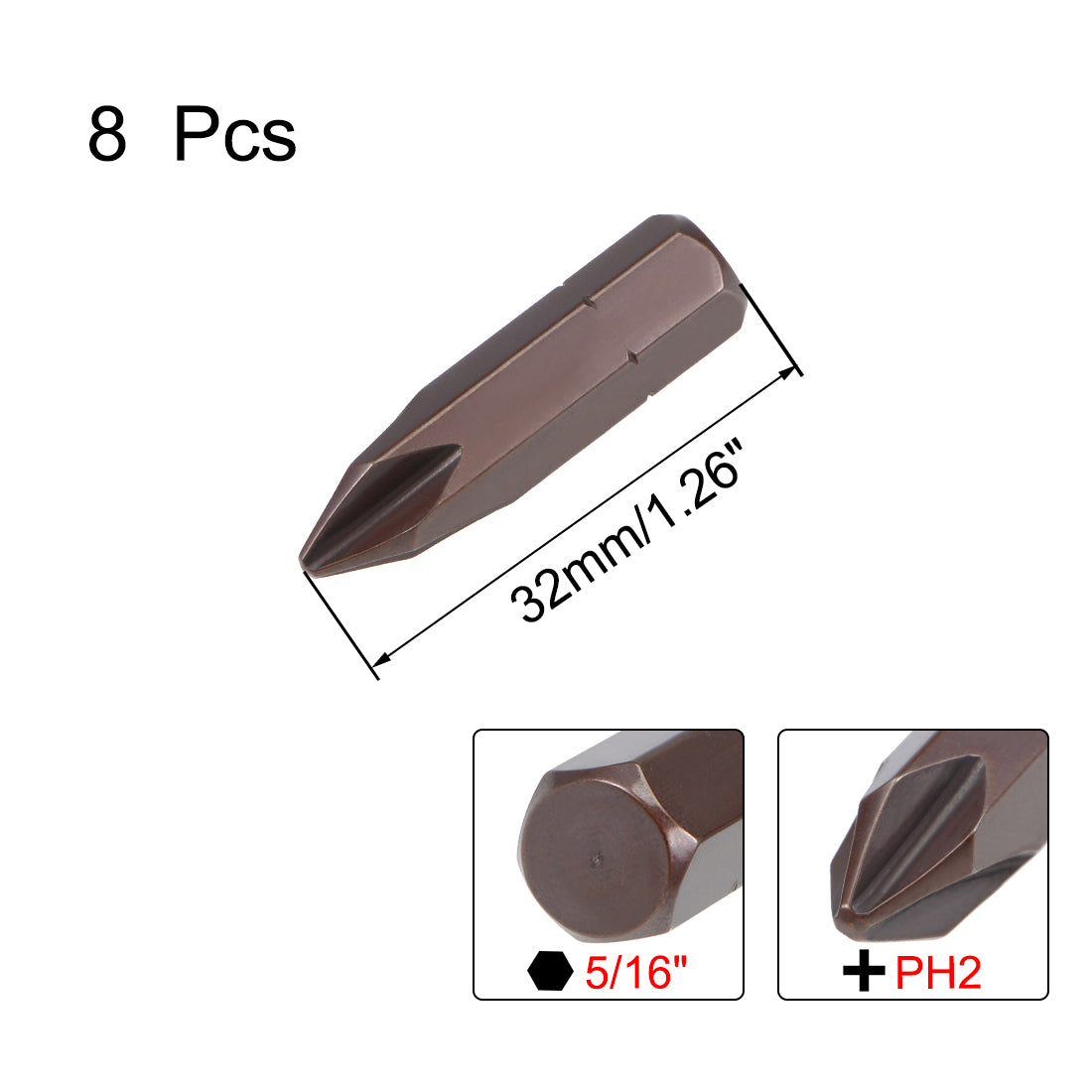 uxcell Uxcell 8 pcs Phillips Bits 5/16-inch 8mm Hex Shank 32mm Length Cross PH2 Magnetic Screw Driver S2 Screwdriver Bit