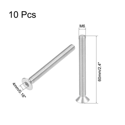 Harfington Uxcell M6x60mm Flat Head Machine Screws Inner Hex Screw 304 Stainless Steel Fasteners Bolts 10Pcs