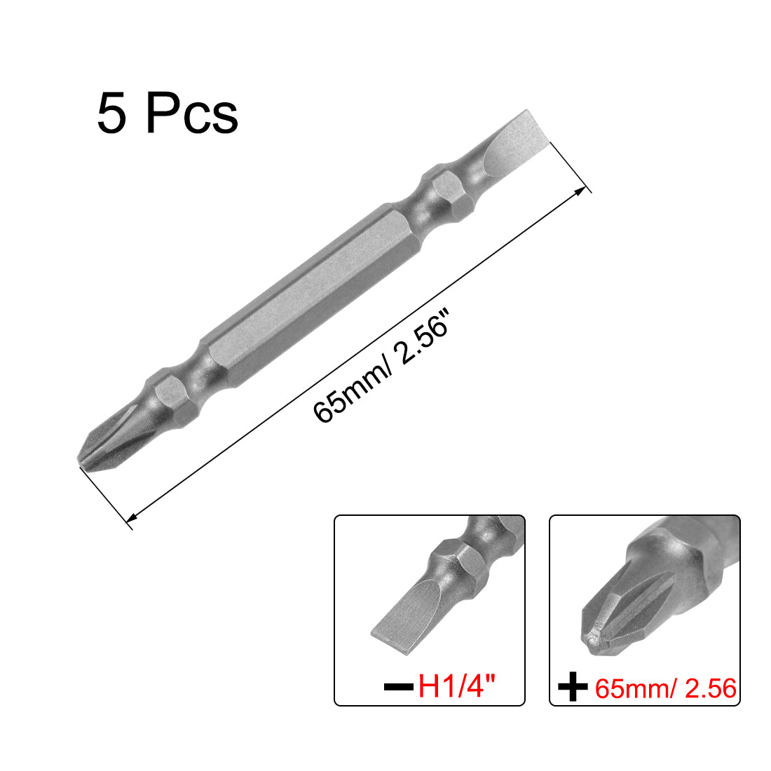 uxcell Uxcell magnetisch Schraubenzieher Schlitz Kreuz doppelte Köpfe Schraubendreher Bohrer S2 Legierter Stahl H1/4*65*5PH2/SL5 5pcs