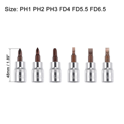Harfington Uxcell 3/8" Drive Phillips Slotted Bit Socket Set, S2 Steel Bits, CR-V Sockets 6-Piece (PH1-PH3, FD4-FD6.5)