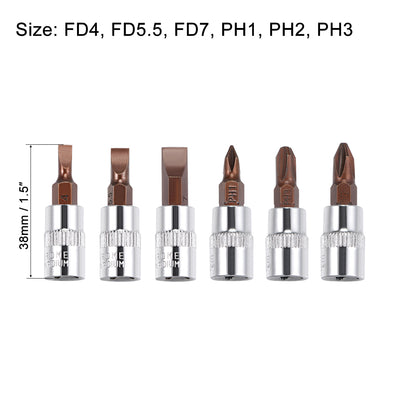 Harfington Uxcell 1/4" Drive Phillips Slotted Bit Socket Set, S2 Steel Bits, CR-V Sockets 6-Piece (PH1-PH3, FD4-FD7)