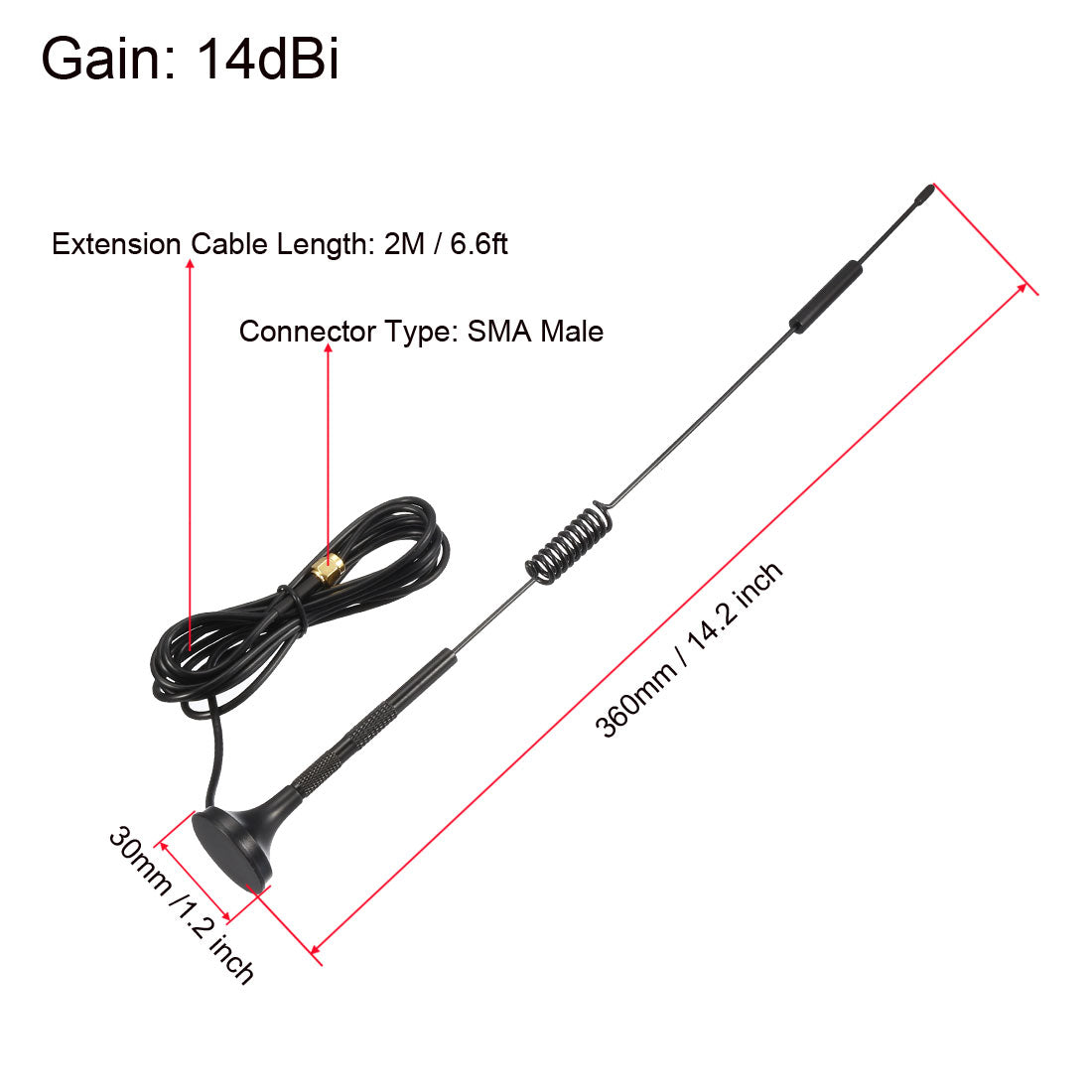 uxcell Uxcell GSM GPRS WCDMA LTE Antenna 3G 4G 14dBi High Gain 700-2700MHz SMA Male Connector with 2 Meter RG174 Cable Magnetic Base