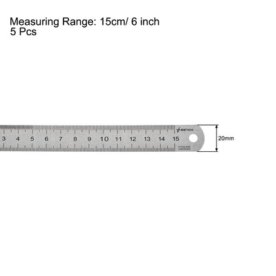 Harfington Uxcell Straight Ruler 15cm 6 Inch Metric Stainless Steel Measuring Tool with Hanging Hole 5pcs