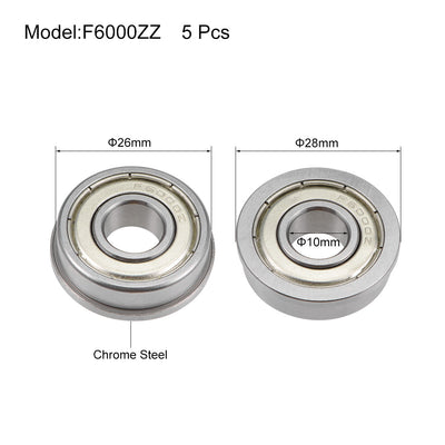 Harfington Uxcell F6000ZZ Flange Ball Bearing 10x26x8mm Shielded Chrome Bearings 5pcs