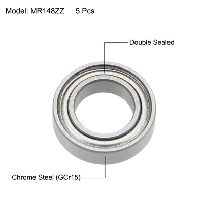 Harfington Uxcell MR148ZZ Ball Bearings Z2 8x14x4mm Double Shielded Chrome Steel 5pcs