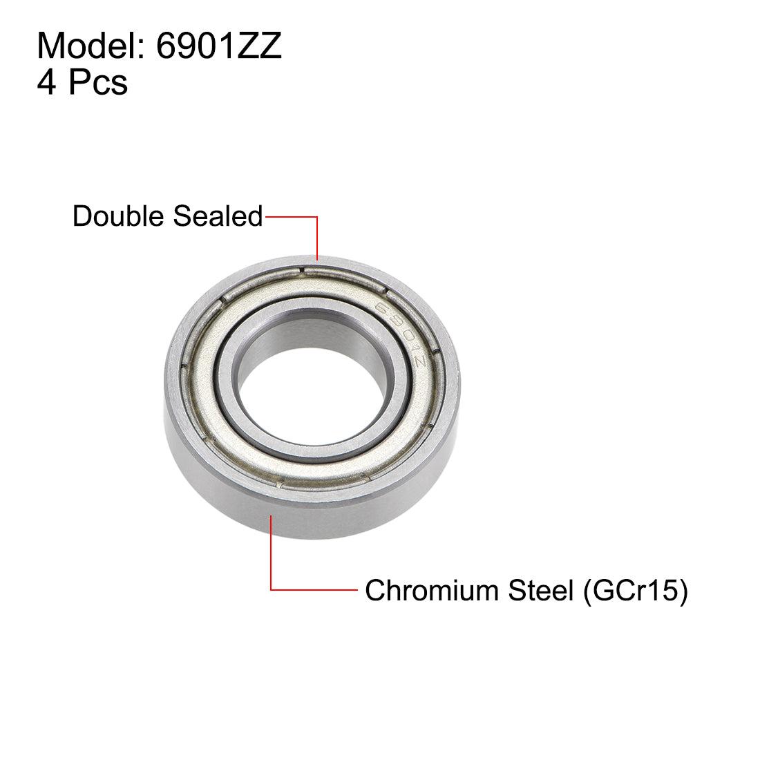 uxcell Uxcell 6901ZZ Deep Groove Ball Bearings Z2 12x24x6mm Double Shielded Chrome Steel 4pcs