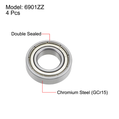 Harfington Uxcell 6901ZZ Deep Groove Ball Bearings Z2 12x24x6mm Double Shielded Chrome Steel 4pcs