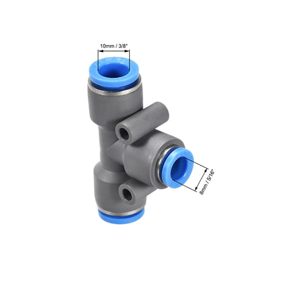 Harfington Uxcell Push To Connect Fittings T Type Tee Tube Connect 10-8mm OD Grey Push Lock 2Pcs