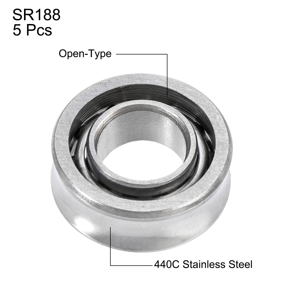 uxcell Uxcell SR188 Open Stainless Steel Ball Bearing 1/4x1/2x3/16 inch R188 Bearings 5pcs