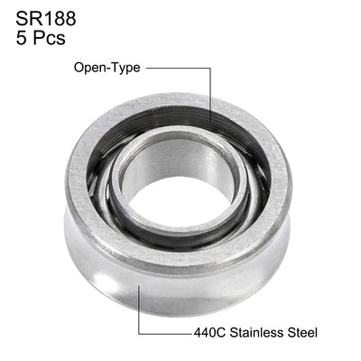 Harfington Uxcell SR188 Open Stainless Steel Ball Bearing 1/4x1/2x3/16 inch R188 Bearings 5pcs