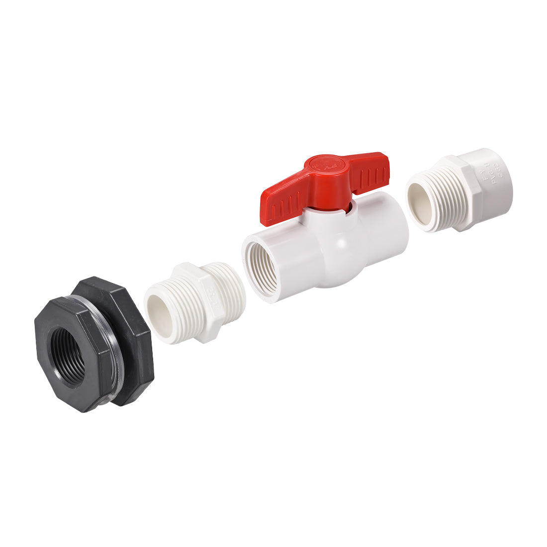 Uxcell Uxcell PVC Ball Valve Connector Spigot Kit G1, with Bulkhead, White Grey Red