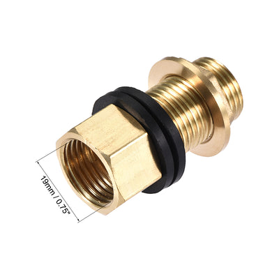 Harfington Uxcell Bulkhead Fitting, G1/2 Male 0.75" Female, Hex Tube Adaptor Hose Fitting, with Silicone Gaskets, for Water Tanks, Brass, Gold Tone, Pack of 2