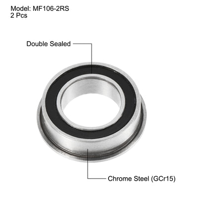 Harfington Uxcell MF106-2RS Flange Ball Bearing 6x10x3mm Double Sealed Chrome Steel Bearing 2pcs