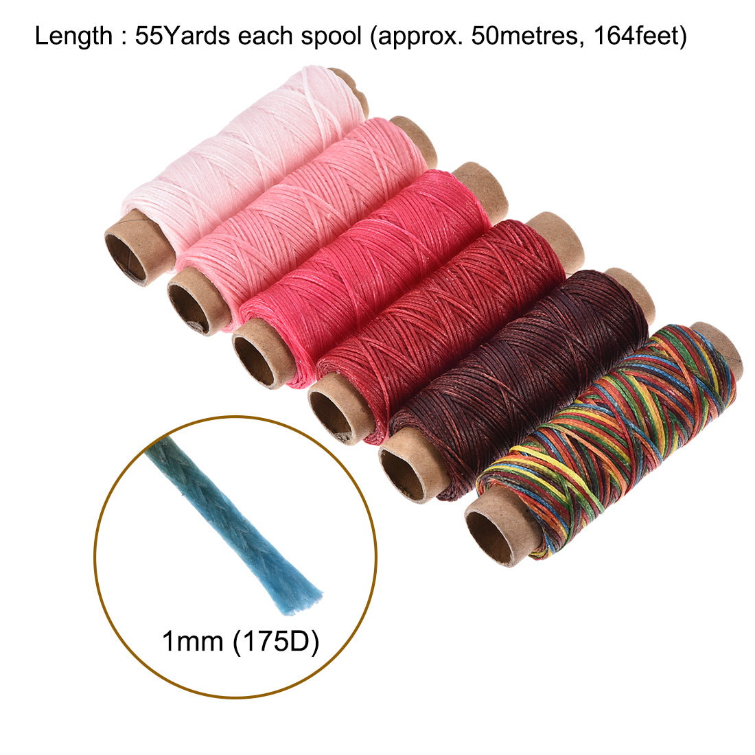 uxcell Uxcell 6Stk. Ledernähgarn Set 55 Yards 175D/1mm Polyester flach Kordel helle Farbe