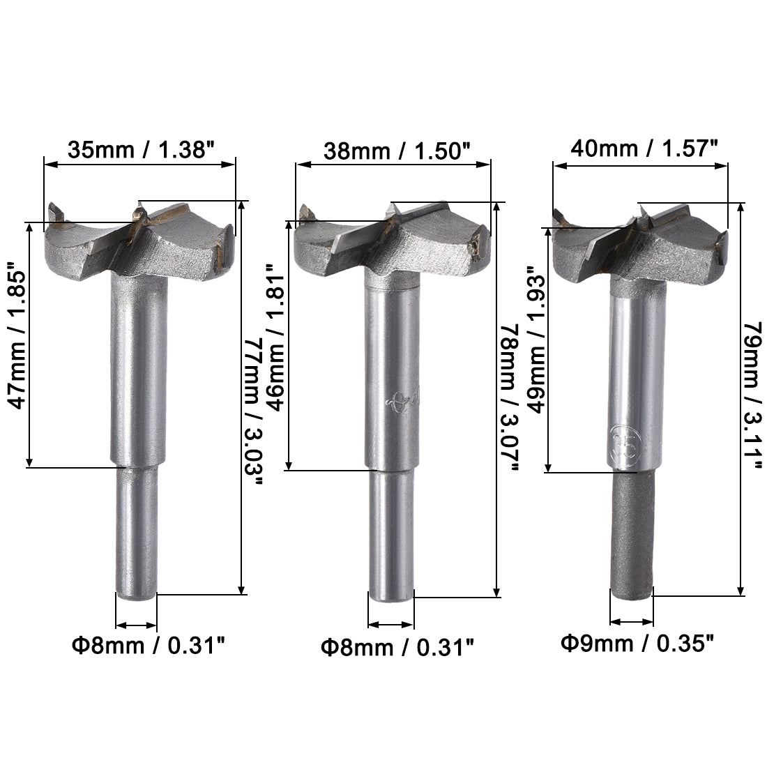 uxcell Uxcell Forstner Wood Boring Drill Bits 35mm 38mm 40mm Dia. Hole Saw Carbide Alloy Steel Tip Round Shank Cutting for Hinge Plywood Wood Tool 3in1 Set