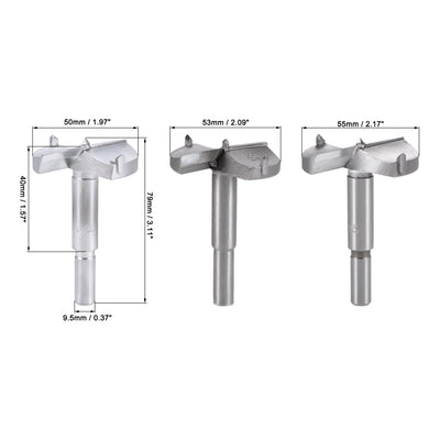 Harfington Uxcell Forstner Wood Boring Drill Bits 50mm 53mm 55mm Dia. Hole Saw Carbide Alloy Steel Tip Round Shank Cutting for Hinge Plywood Wood Tool 3 in 1 Set