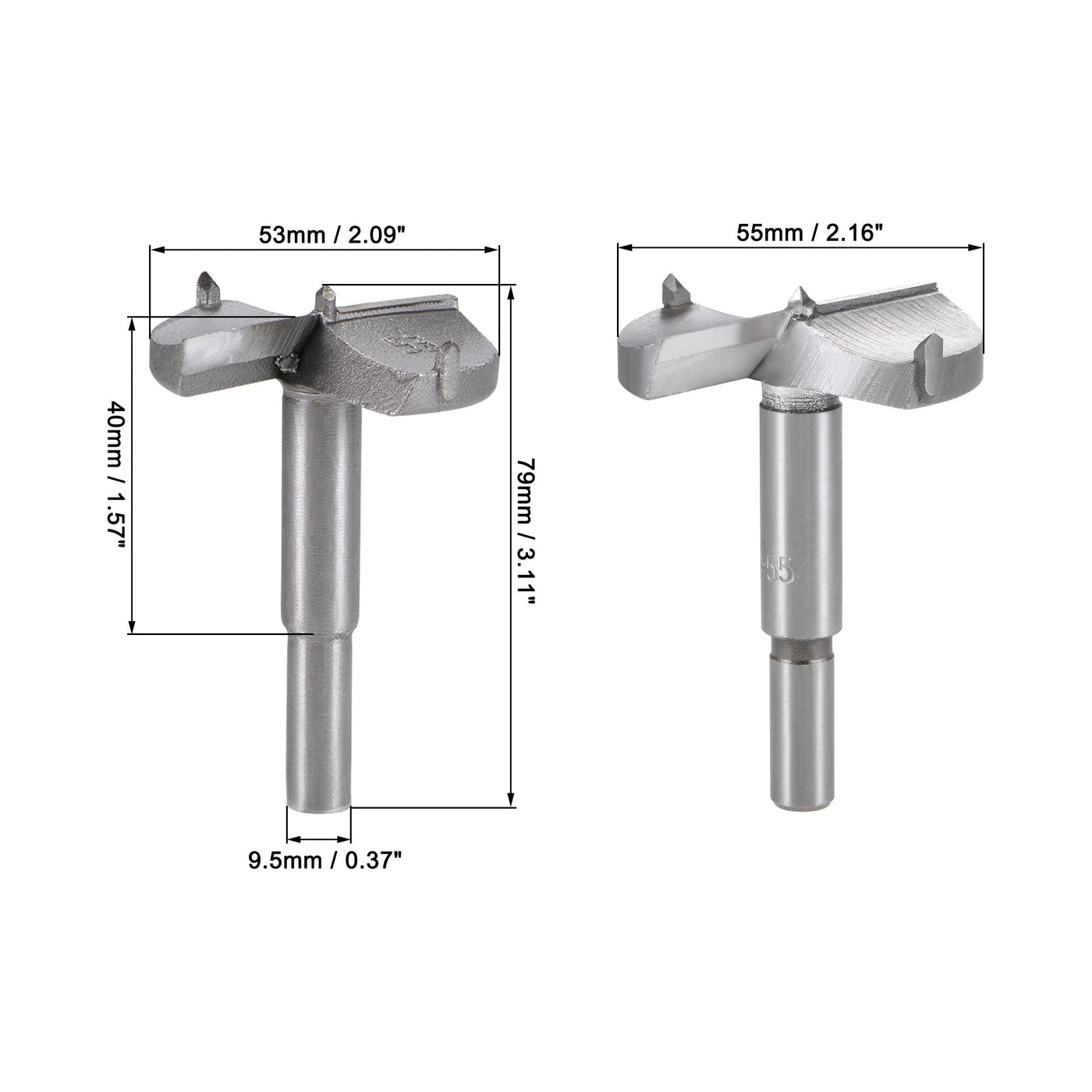 uxcell Uxcell Forstner Wood Boring Drill Bits 53mm 55mm Dia. Hole Saw Carbide Alloy Steel Tip Round Shank Cutting for Hinge Plywood Wood Tool 2 in 1 Set