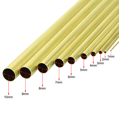 Harfington Uxcell Brass Tube, 1mm 2mm 3mm 4mm 5mm 6mm 7mm 8mm 9mm 10mm OD X 0.2mm Wall Thickness 300mm Length Seamless Round Pipe Tubing, Pack of 10