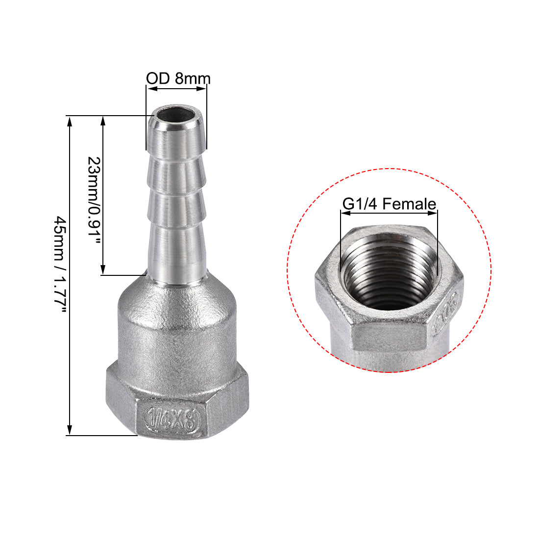 uxcell Uxcell 304 Stainless Steel Hose Barb Fitting Coupler, 8mm Barb x G1/4 Female Thread Pipe Adapter