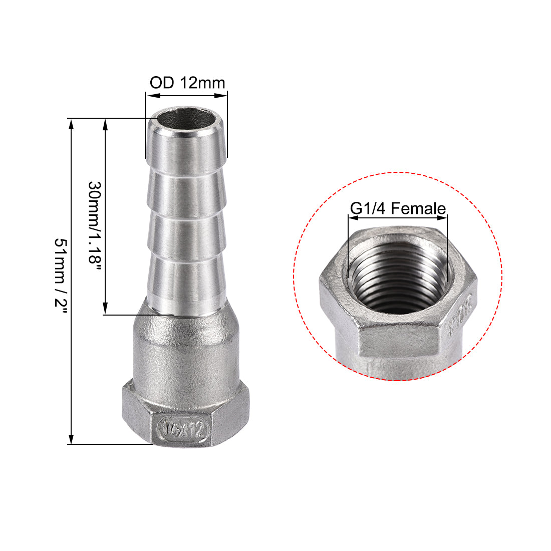 uxcell Uxcell 304 Stainless Steel Hose Barb Fitting Coupler 12mm Barb G1/4 Female Thread