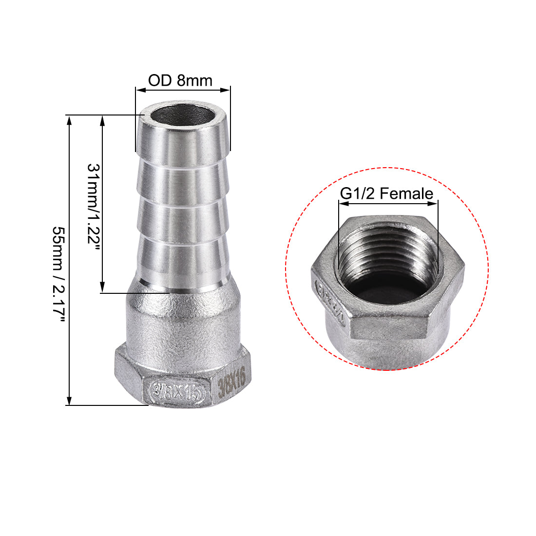 uxcell Uxcell 304 Stainless Steel Hose Barb Fitting Coupler, 8mm Barb x PT1/2 Female Thread Pipe Adapter, 2Pcs