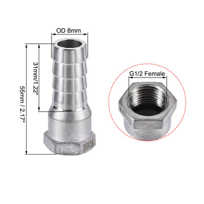 Harfington Uxcell 304 Stainless Steel Hose Barb Fitting Coupler, 8mm Barb x PT1/2 Female Thread Pipe Adapter, 2Pcs