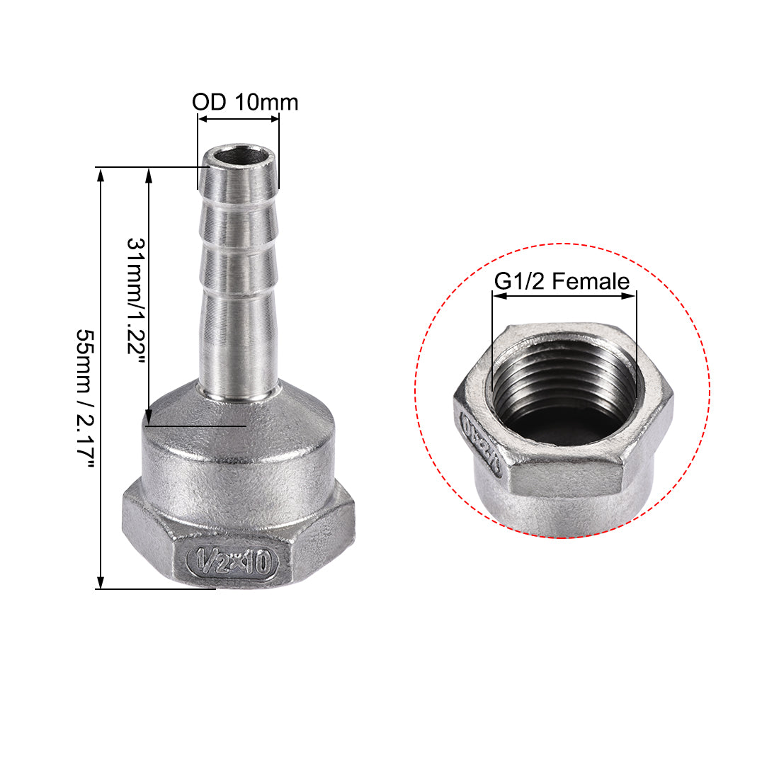 uxcell Uxcell 304 Stainless Steel Hose Barb Fitting Coupler 10mm Barb G1/2 Female Thread