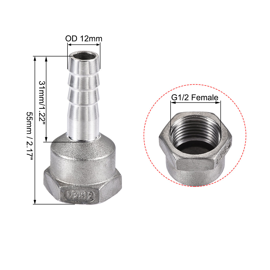 uxcell Uxcell 304 Stainless Steel Hose Barb Fitting Coupler 12mm Barb G1/2 Female Thread