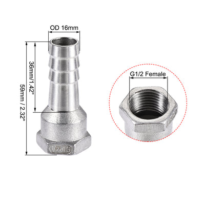 Harfington Uxcell 304 Stainless Steel Hose Barb Fitting Coupler 16mm Barb G1/2 Female Thread 2Pcs