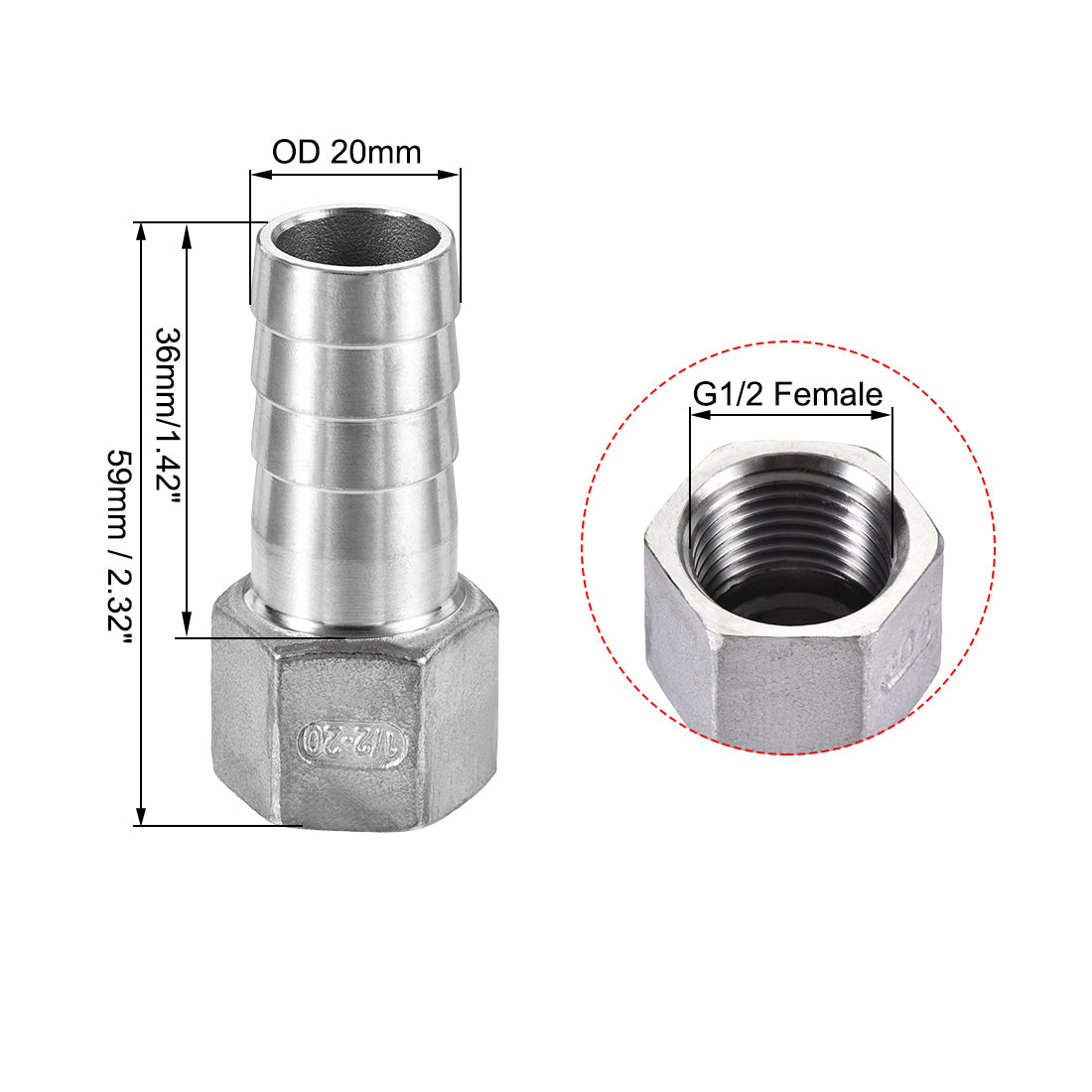 uxcell Uxcell 304 Stainless Steel Hose Barb Fitting Coupler 20mm Barb G1/2 Female Thread 2Pcs