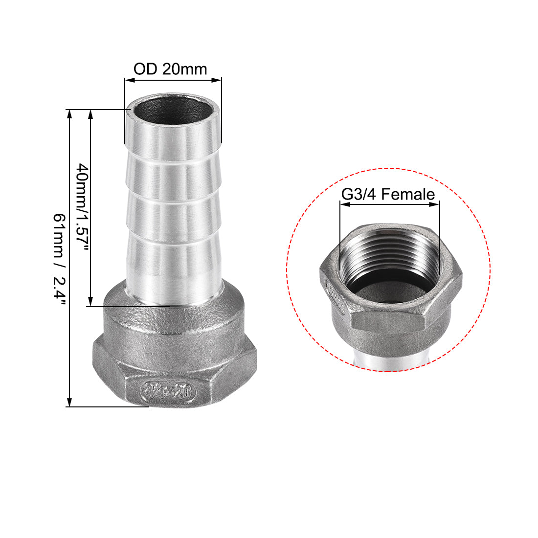 uxcell Uxcell 304 Edelstahl Schlauchtülle Fitting Koppler 20mm Barb x G3/4 Innengewinde Rohradapter