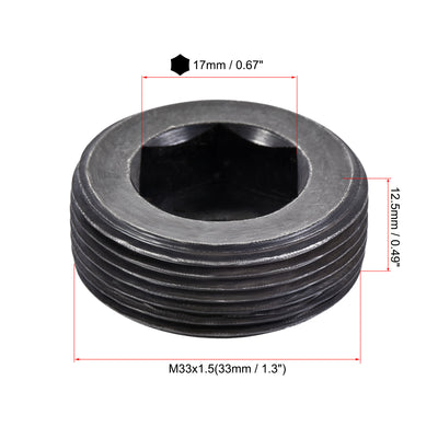 Harfington Uxcell Carbon Steel Internal Hex Thread Socket Pipe Plug M33x1.5 Male Thread Black 3Pcs