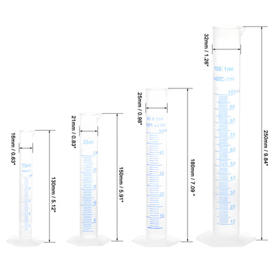 Harfington Uxcell Plastic Graduated Cylinder, 10ml 25ml 50ml 100ml Measuring Cylinder,  Double-Sided Metric Marking, Clear Hex Base, 4 in 1 Set