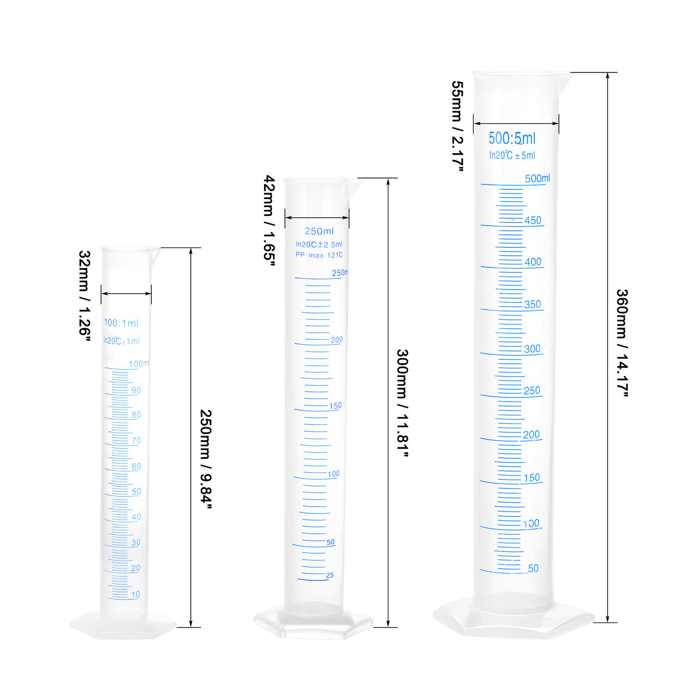 uxcell Uxcell Plastic Graduated Cylinder, 100ml 250ml 500ml Measuring Cylinder,  Double-Sided Metric Marking, Clear Hex Base, 3 in 1 Set